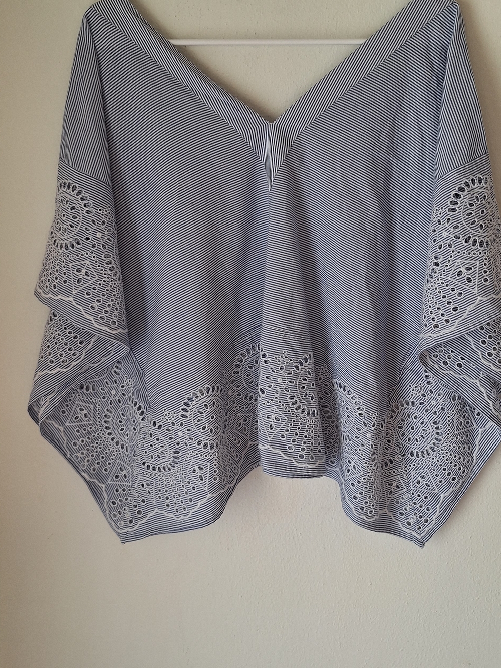 Anthropologie Navy and White Striped Crochet-Hem Top One Size Fits All - Picture 2 of 4